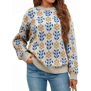 Women Oversized Chunky Knit Sweater Crewneck Floral Crop Long Sleeve Cozy
